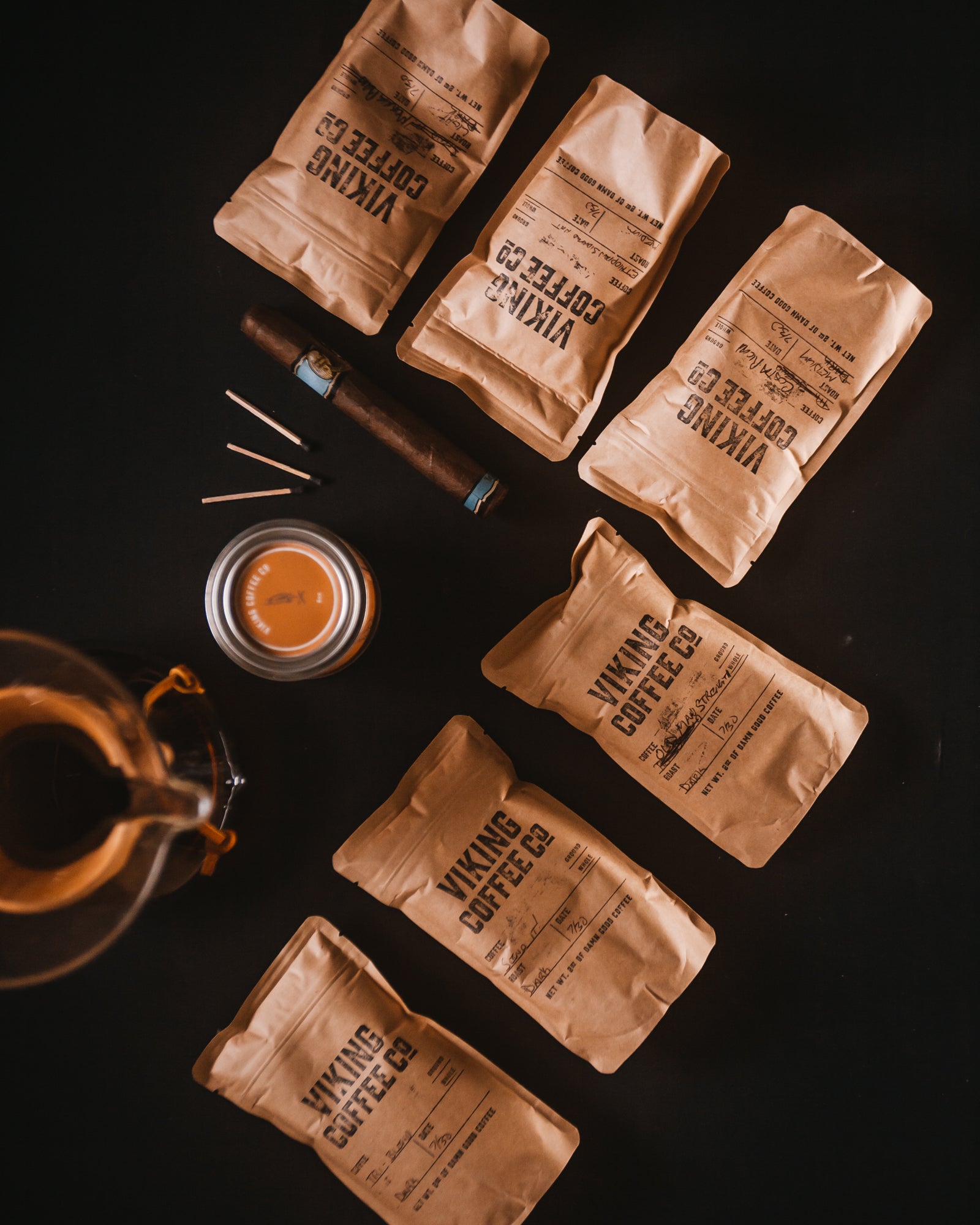 Six 4oz sample bags of Viking Coffee's signature blends