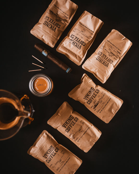 Six 4oz sample bags of Viking Coffee's signature blends