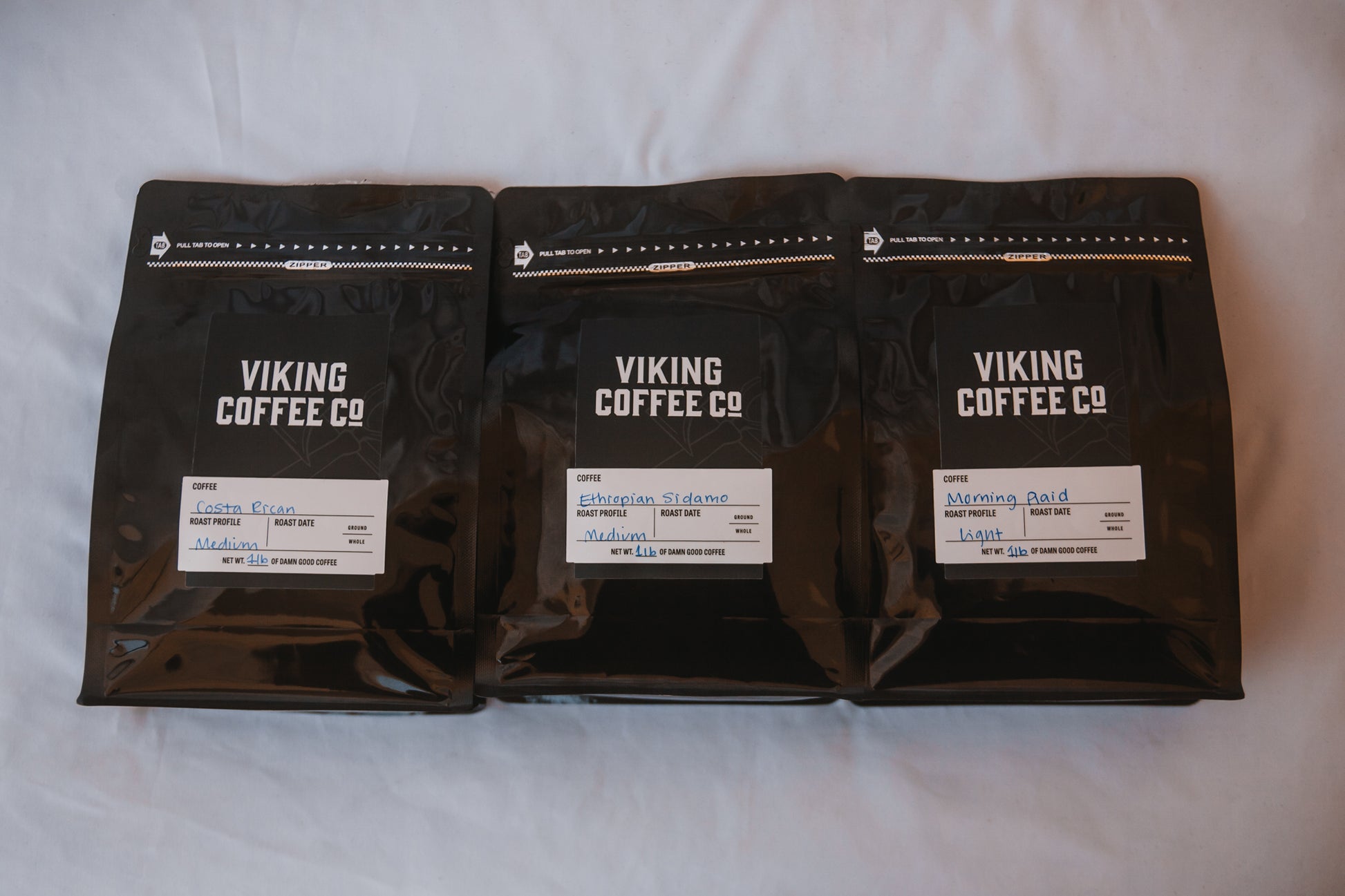 Full 1 lb bags of each Viking Coffee blend in Longship collection