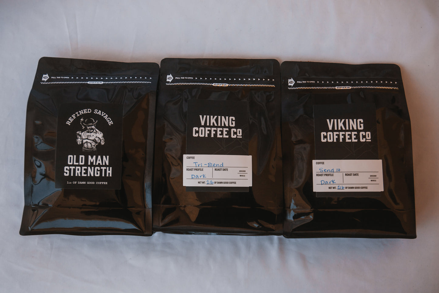 Full 1 lb bags of each Viking Coffee blend in Longship collection