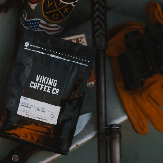 Morning Raid light roast coffee bag with Viking Coffee Co black bag.