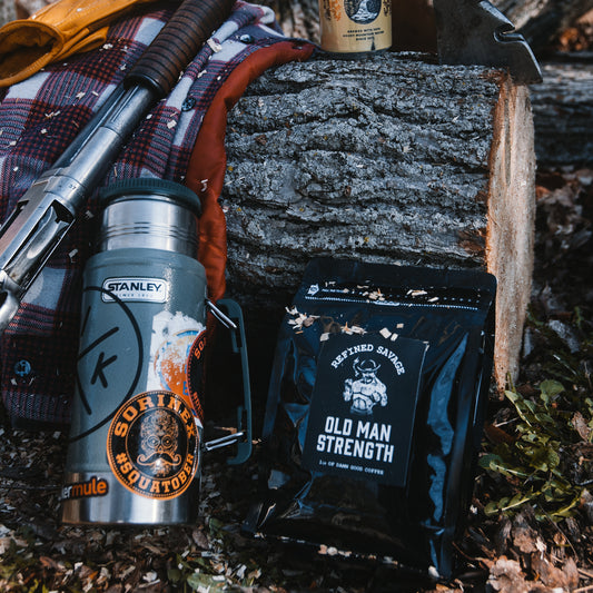 Old Man Strength dark roast coffee with Viking Coffee Co branding