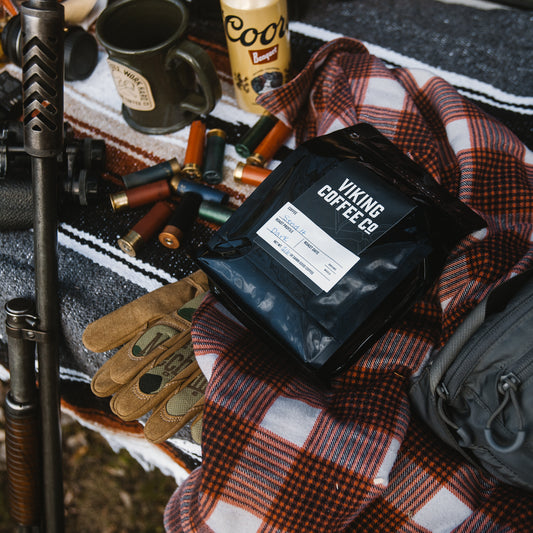 Send It Blend dark roast coffee with bold Viking Coffee black bag.