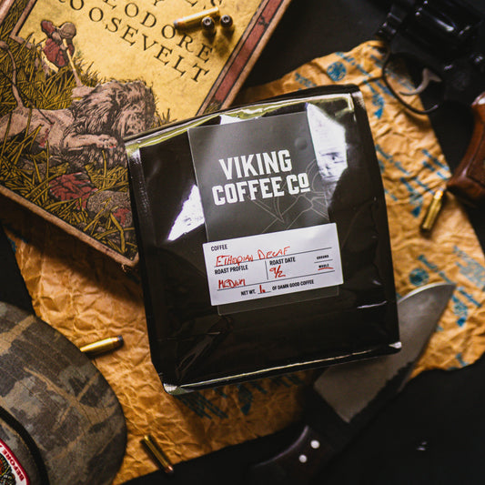 Decaf Ethiopian Natural coffee bag from Viking Coffee Co with label, showcasing the product's packaging and branding.